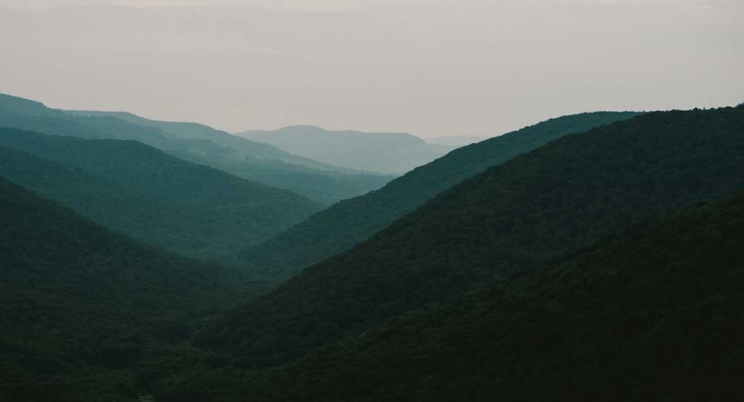 The blue ridge mountains appear in shades of green and blue under a gray sky. 